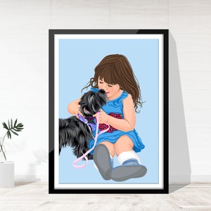 Puede incluir: Una ni&ntilde;a peque&ntilde;a con un vestido azul con un dise&ntilde;o estampado en rosa y negro est&aacute; sentada sobre un fondo azul claro. Est&aacute; sosteniendo un perro negro con una correa rosa. La ni&ntilde;a est&aacute; mirando al perro y sonriendo.