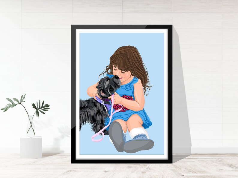 Puede incluir: Una ni&ntilde;a peque&ntilde;a con un vestido azul con un dise&ntilde;o estampado en rosa y negro est&aacute; sentada sobre un fondo azul claro. Est&aacute; sosteniendo un perro negro con una correa rosa. La ni&ntilde;a est&aacute; mirando al perro y sonriendo.