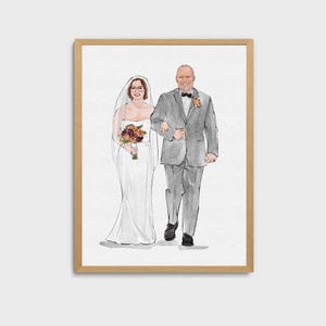 May include: A watercolor painting of a bride and her father walking down the aisle. The bride is wearing a white wedding dress and a veil. Her father is wearing a gray suit and a black bow tie. They are both smiling.
