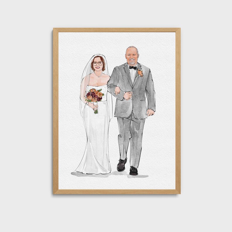 May include: A watercolor painting of a bride and her father walking down the aisle. The bride is wearing a white wedding dress and a veil. Her father is wearing a gray suit and a black bow tie. They are both smiling.