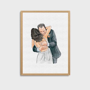 May include: A watercolor painting of a couple embracing. The woman is wearing a white wedding dress and the man is wearing a dark suit. The painting is done in a soft, romantic style.