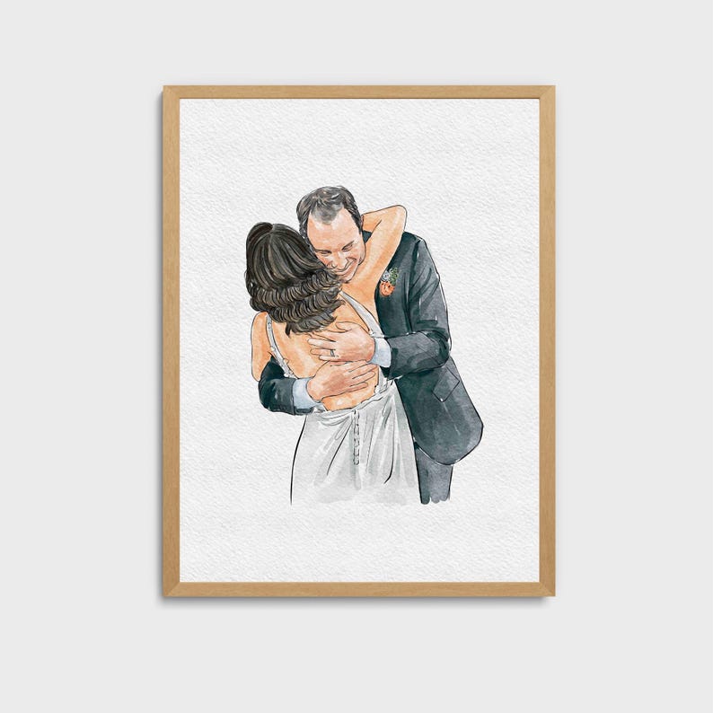 May include: A watercolor painting of a couple embracing. The woman is wearing a white wedding dress and the man is wearing a dark suit. The painting is done in a soft, romantic style.