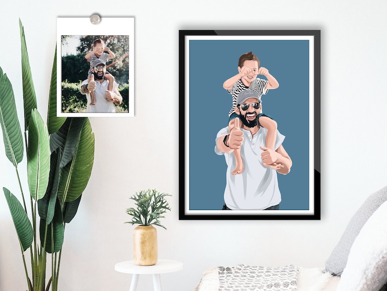 Puede incluir: Una ilustraci&oacute;n de dibujos animados de un padre y un hijo. El padre lleva una camisa blanca, gafas de sol y una gorra de b&eacute;isbol negra. El hijo lleva una camisa a rayas y est&aacute; sentado sobre los hombros de su padre. El fondo es de color azul claro.