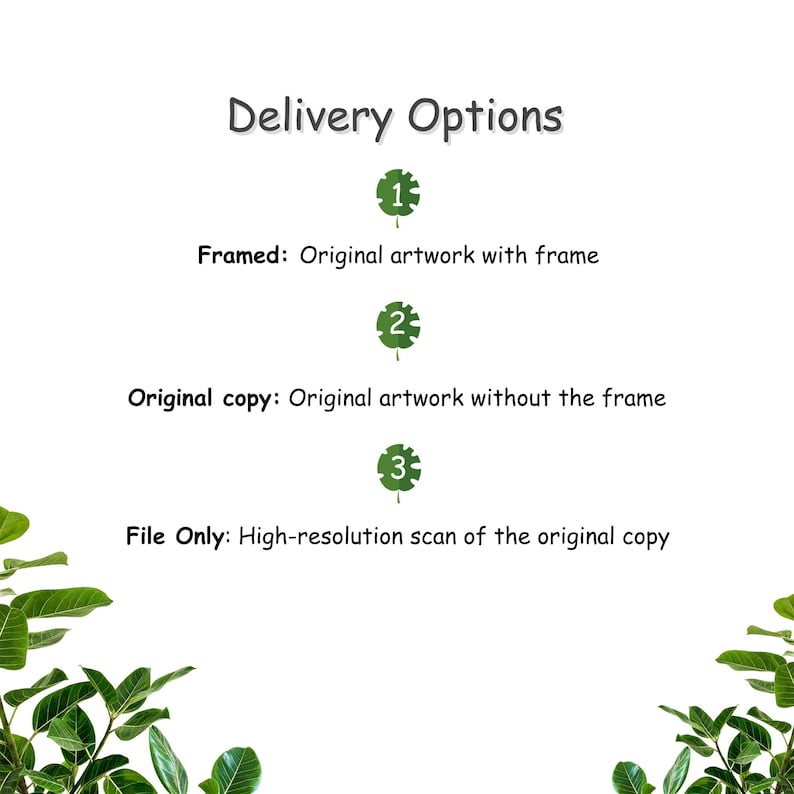 May include: White background with the text "Delivery Options". The text describes three options: framed original artwork, original artwork without a frame, and a high-resolution scan of the original copy.