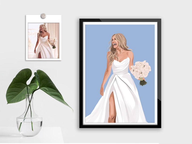 Puede incluir: Una ilustraci&oacute;n digital de una novia con un vestido de novia blanco y un ramo de flores blancas. La novia sonr&iacute;e y camina hacia el espectador. El fondo es de color azul claro.
