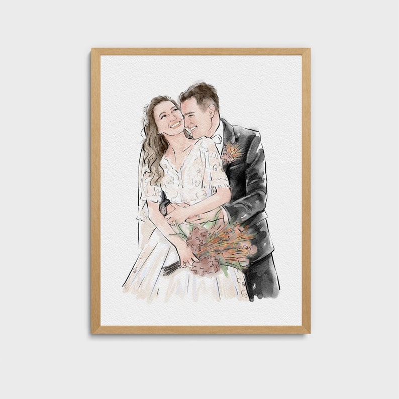 May include: A watercolor painting of a couple on their wedding day. The bride is wearing a white dress and the groom is wearing a black suit. They are smiling and looking at each other.