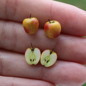 Pendientes de manzana, pendientes de botón de manzana roja, pendientes lindos, pendientes de comida en miniatura, pendientes lindos
