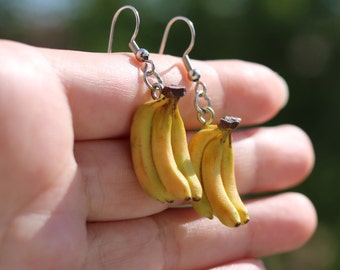 Banana earrings, banana jewelry, polymer clay earrings, realistic earrings, vegan earrings,