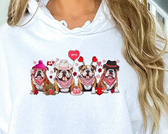 Bulldog Love Theme Hoodie Sweatshirt, Cute Dog Graphic Pullover, Valentine's Day Casual Apparel, Gift for Dog Lovers