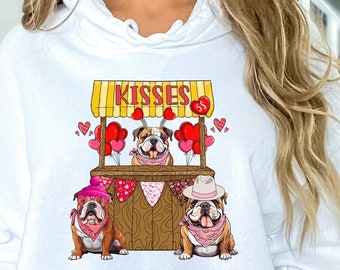 Cute Bulldog Kisses Stand Graphic Hoodie Sweatshirt, Funny Dog Lover Crewneck, Unisex Valentine's Day Pullover, Pet Themed Apparel