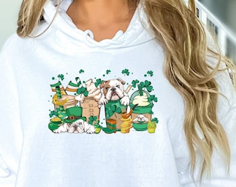 St. Patricks English Bulldogs and Coffee Hoodie Sweatshirt, Bully Mom Sweatshirt, Bully Dog Shirt