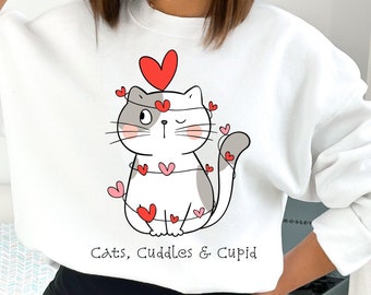 Cute Cat Valentine Sweatshirt, Cats Cuddles and Cupid Valentine&#39;s Day Sweatshirt, Cat Mom Gift