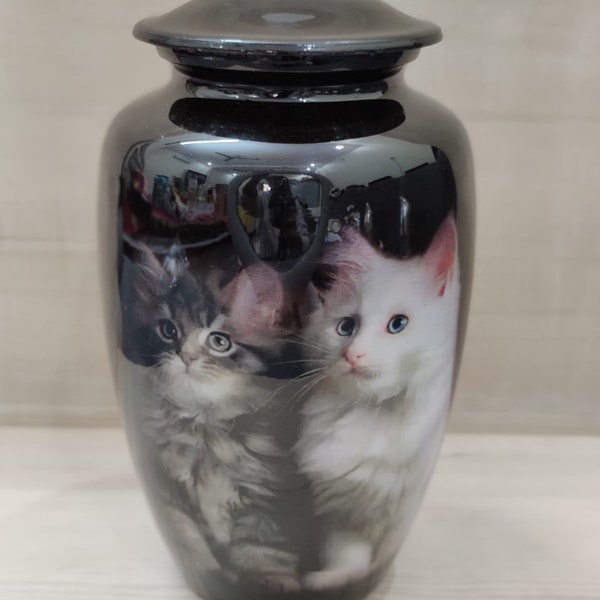 Cat Design Funeral Cremation Urn for Human Ashes - Urns for Ashes Adult Male- Hand Painted Made in Aluminum,Memorial Burial Urns