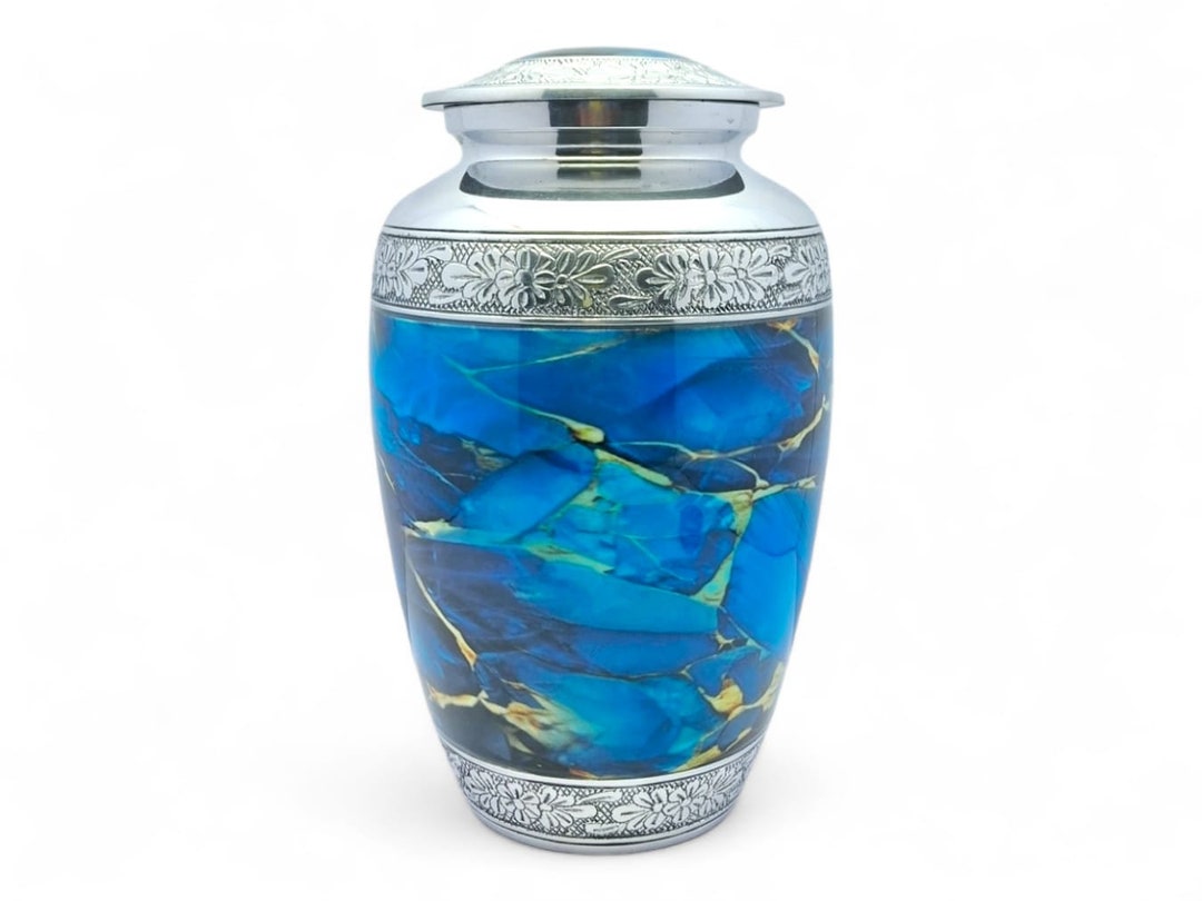 HLC Royal Silver Cremation Urn For Human Ashes - Handcrafted Adult Funeral Urn, Cloud Blue Birds Design, 10.5x6 Inches - View #11
