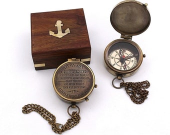 Personalized Working Brass Compass, Push Button Engraved Compass, Custom Engraved Compass,Functional Compass with Wooden Box,Graduation Gift