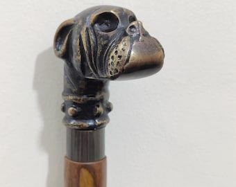 Wooden Walking Stick with Antique Brass Dog Design Head Handle - Cane walking Stick Cast Iron Decorative Fence Tip Toppers Cane Head