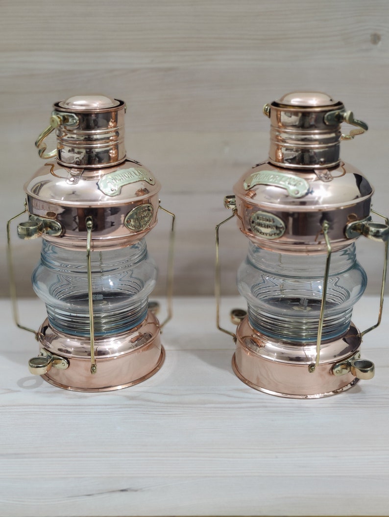 Set of 2 Brass & Copper Anchor Oil Lamp Nautical Maritime Ship Lantern