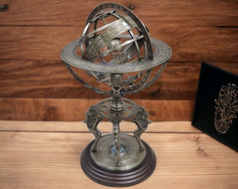 Brass Armillary Sphere on Wooden Base with Working Direction Compass, 18&quot; Vintage Nautical Globe Antique Astrolabe-Inspired Armillary Sphere