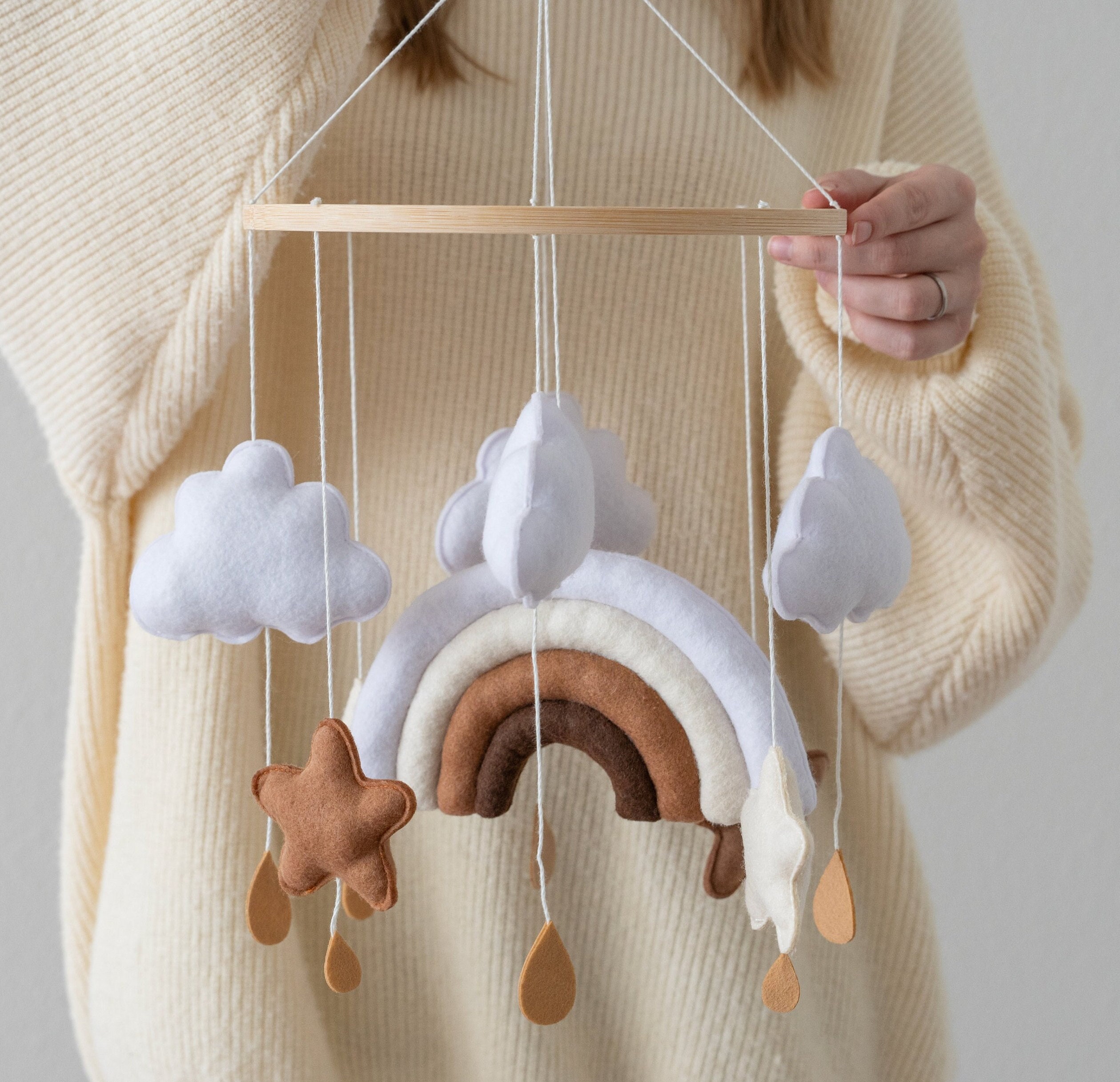 Baby Mobile Windspiel Filz Regenbogen - Boho Deko Für Babybett & Wickeltisch Beige/Creme