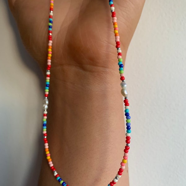 Rainbow Seed Bead Freshwater Pearl Multicolour Necklace