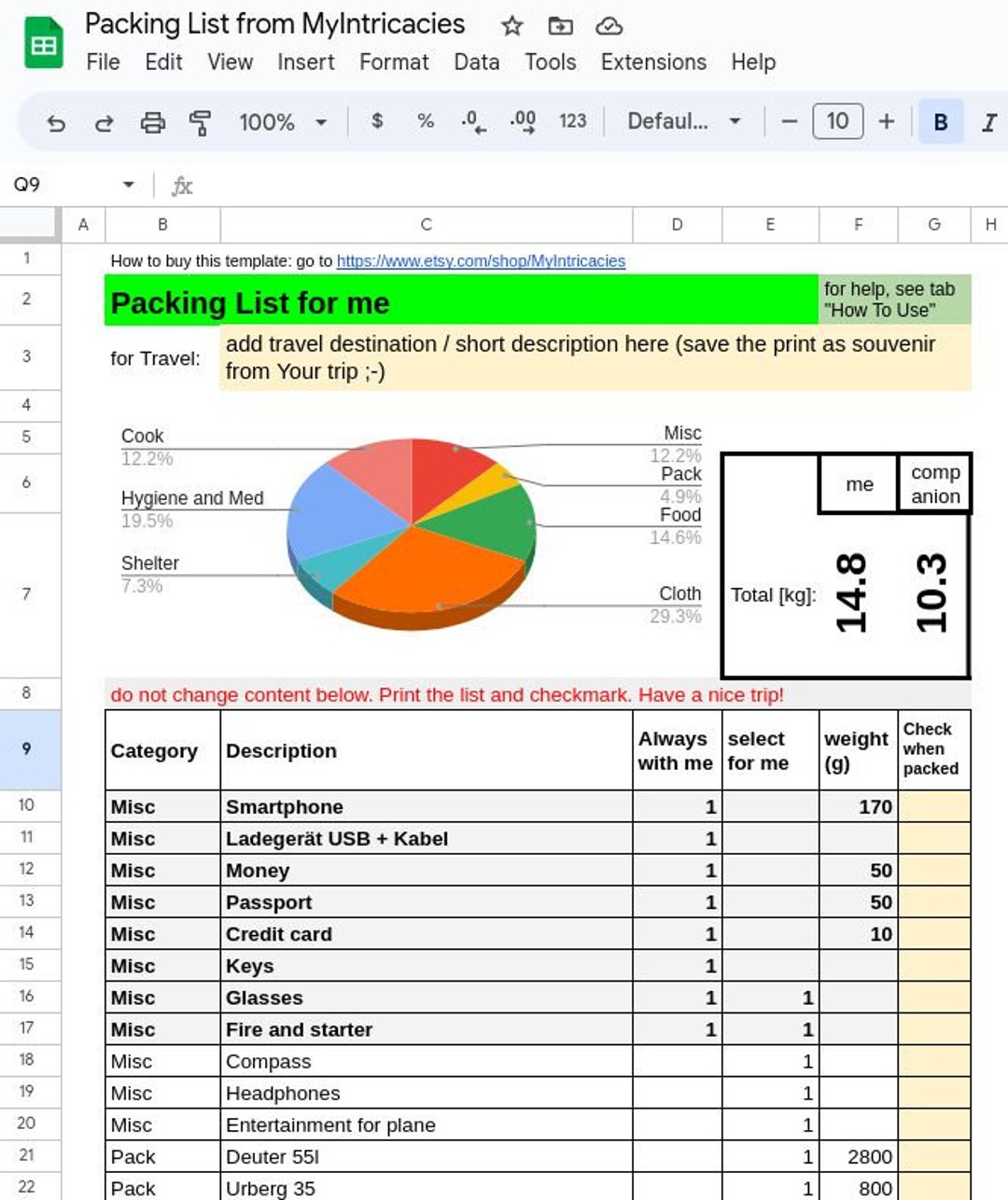 Packing List, With Item Weight Tracking Functions (google Sheets) - Etsy