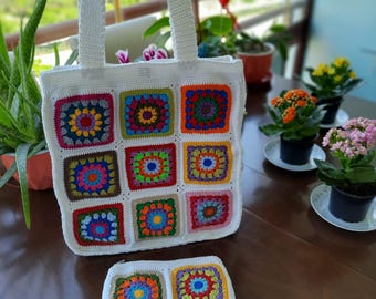 Torba na ramię Grandma Square Crochet – Boho Hippie Tote