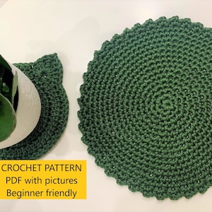 May include: Two green crocheted coasters, one round and one shaped like a leaf. The text "CROCHET PATTERN PDF with pictures Beginner friendly" is on a yellow background.