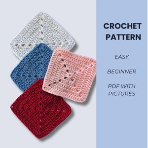 May include: Four crocheted square patterns in white, blue, pink, and red. The squares are arranged diagonally, showcasing the texture and stitch detail. Text on the right reads "CROCHET PATTERN, EASY, BEGINNER, PDF WITH PICTURES."