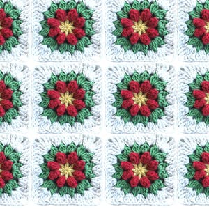 Puede incluir: Doce cuadrados tejidos a crochet con un diseño de poinsettia rojo, amarillo y verde.