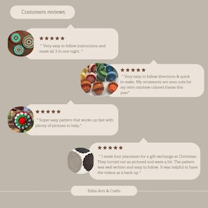 May include: Image featuring customer reviews for Edita Arts & Crafts. The reviews are displayed in speech bubbles with star ratings. The reviews mention easy-to-follow instructions and quick results for various crafts, including ornaments and placemats.