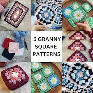 Paquete de patrones de cuadrados de la abuela: 5 motivos clásicos, margarita, rectángulo, triángulo, medio cuadrado, fácil para principiantes, manta, cárdigan, chal, regalo para el Día de la Madre