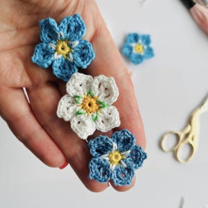 Può includere: Fiori di non ti scordar di me all'uncinetto fatti a mano in blu e bianco con centri gialli. I fiori sono esposti su una mano, con forbici e filo sullo sfondo. I fiori hanno un diametro di circa 2,5 cm.