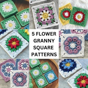 Granny Square Flower Crochet Pattern Bundle, 5 Floral Squares Daisy African Flower Sunburst Primavera Motifs Easy Beginner Mothers day gift