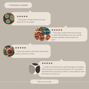Customer reviews for crochet patterns.  The image shows four different crochet projects: a set of three colorful coasters, a set of colorful ornaments, a red and green crocheted ornament, and four crocheted placemats.  The reviews are positive and mention the ease of following the instructions and the quality of the patterns.