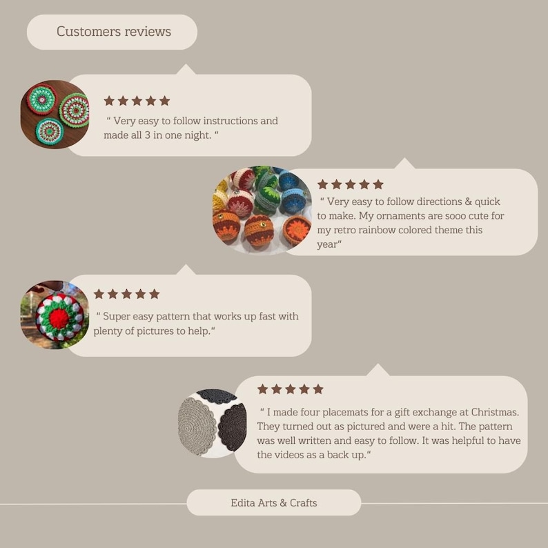 Customer reviews for crochet patterns.  The image shows four different crochet projects: a set of three colorful coasters, a set of colorful ornaments, a red and green crocheted ornament, and four crocheted placemats.  The reviews are positive and mention the ease of following the instructions and the quality of the patterns.