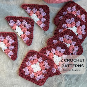 May include: A collection of crocheted squares and triangles in shades of pink, white, and burgundy. The squares and triangles are arranged on a light grey surface. The text "2 CROCHET PATTERNS Easy, for Beginner" is visible in the bottom right corner of the image.