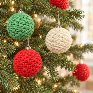 May include: A set of spherical Christmas ornaments covered in textured crochet yarn. The collection includes one green, one cream, and two red ornaments, each featuring a silver-toned cap and a thin hanging loop for display on a tree.