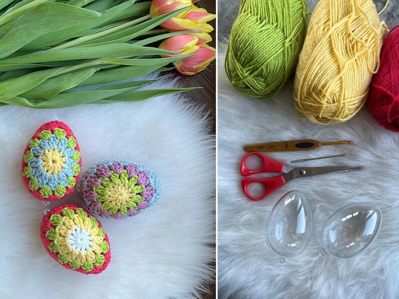 Three crocheted Easter eggs in blue, green, and pink with a yellow center. The eggs are sitting on a white fluffy surface. There are also two clear plastic Easter eggs, scissors, yarn, and a crochet hook on a white fluffy surface.