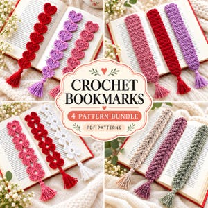 Crochet Bookmark Pattern Bundle: Easy Beginner, flower, heart, tassel, Christmas Teacher Mother Book Club Lover gift