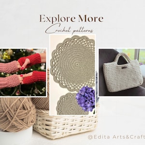 Op de afbeelding: Afbeelding met gehaakte items: vingerloze handschoenen, placemats en een totebag. De tekst "Explore More Crochet patterns" wordt weergegeven. Een bol wol en een mand zijn ook zichtbaar. De afbeelding heeft een neutraal kleurenpalet.