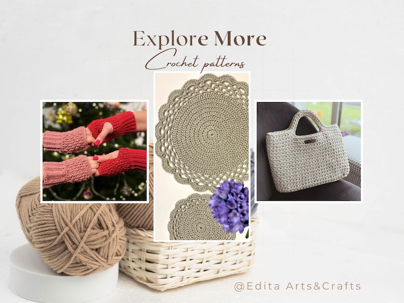 Op de afbeelding: Afbeelding met gehaakte items: vingerloze handschoenen, placemats en een totebag. De tekst "Explore More Crochet patterns" wordt weergegeven. Een bol wol en een mand zijn ook zichtbaar. De afbeelding heeft een neutraal kleurenpalet.