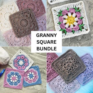 May include: A collection of colorful, handmade granny squares in various designs and colors, including white, pink, brown, and blue. The text "GRANNY SQUARE BUNDLE" is displayed in a white rectangle.