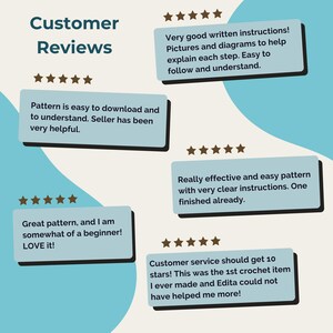 May include: A graphic display titled Customer Reviews featuring five light blue rectangular text boxes with dark drop shadows. Each box contains a five-star rating and positive feedback about a crochet pattern, instructions, and seller support.