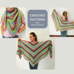 Puede incluir: Un chal de ganchillo multicolor en tonos azules, verdes, morados y coral. El chal se muestra en varias vistas, destacando su forma triangular y su intrincado patrón de puntadas. La imagen incluye el texto "CROCHET PATTERN Easy PDF download."
