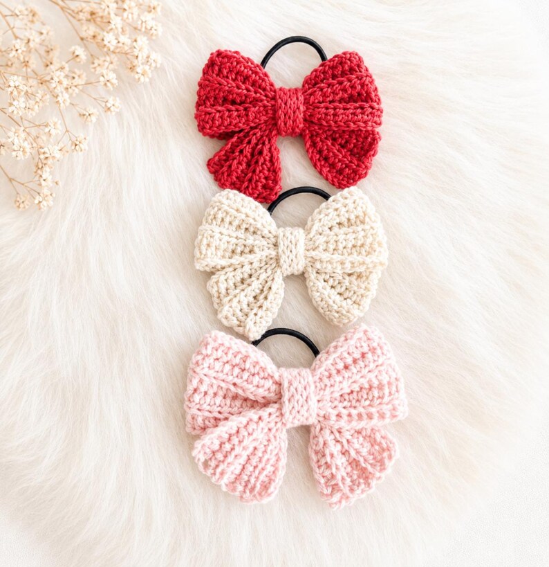 May include: Three hair ties featuring crocheted bows in red, cream, and light pink. Each bow is constructed with a ribbed texture and attached to a simple black elastic band, providing a secure way to hold hair in place with a soft, textile finish.