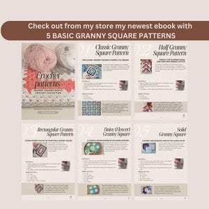 Ebook cover featuring five different granny square crochet patterns. The cover shows a close-up of a crochet blanket with a ball of yarn and the title "Crochet patterns: Granny Square Basics Crochet Collection".