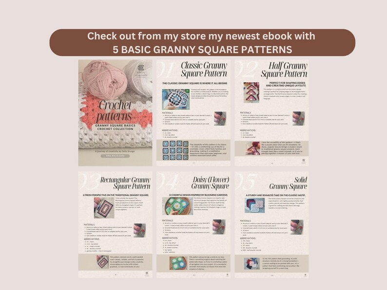 Ebook cover featuring five different granny square crochet patterns. The cover shows a close-up of a crochet blanket with a ball of yarn and the title "Crochet patterns: Granny Square Basics Crochet Collection".
