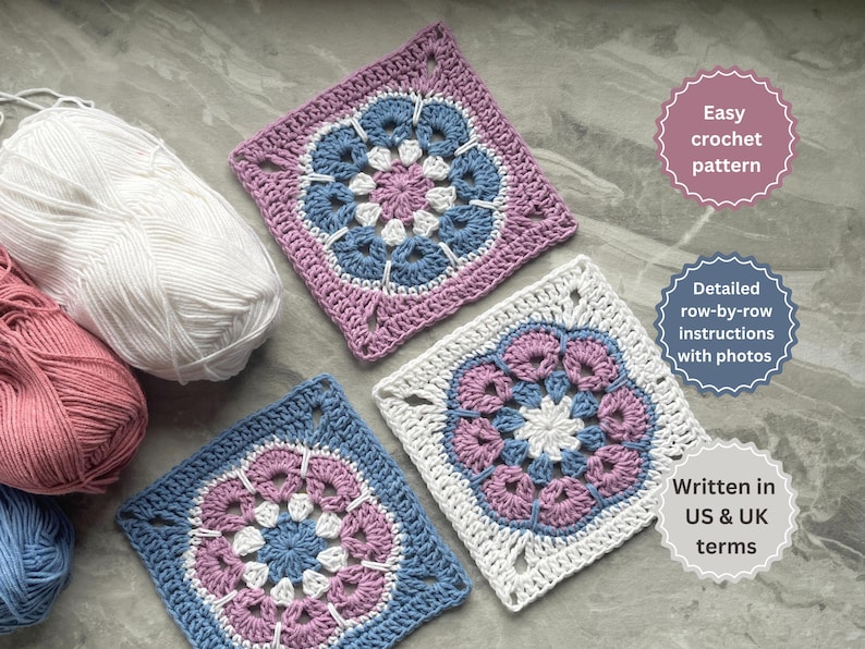 May include: A collection of colorful crochet squares in shades of blue, pink, and white, alongside balls of yarn. The squares feature a floral design. Text on the image reads "Easy crochet pattern", "Detailed row-by-row instructions with photos", and "Written in US & UK terms."
