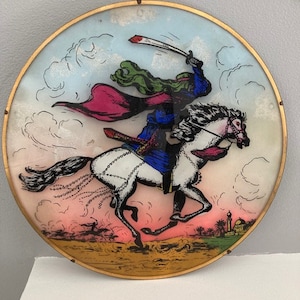 Vintage Glass Domed Arab Horse Rider Wall Plaque