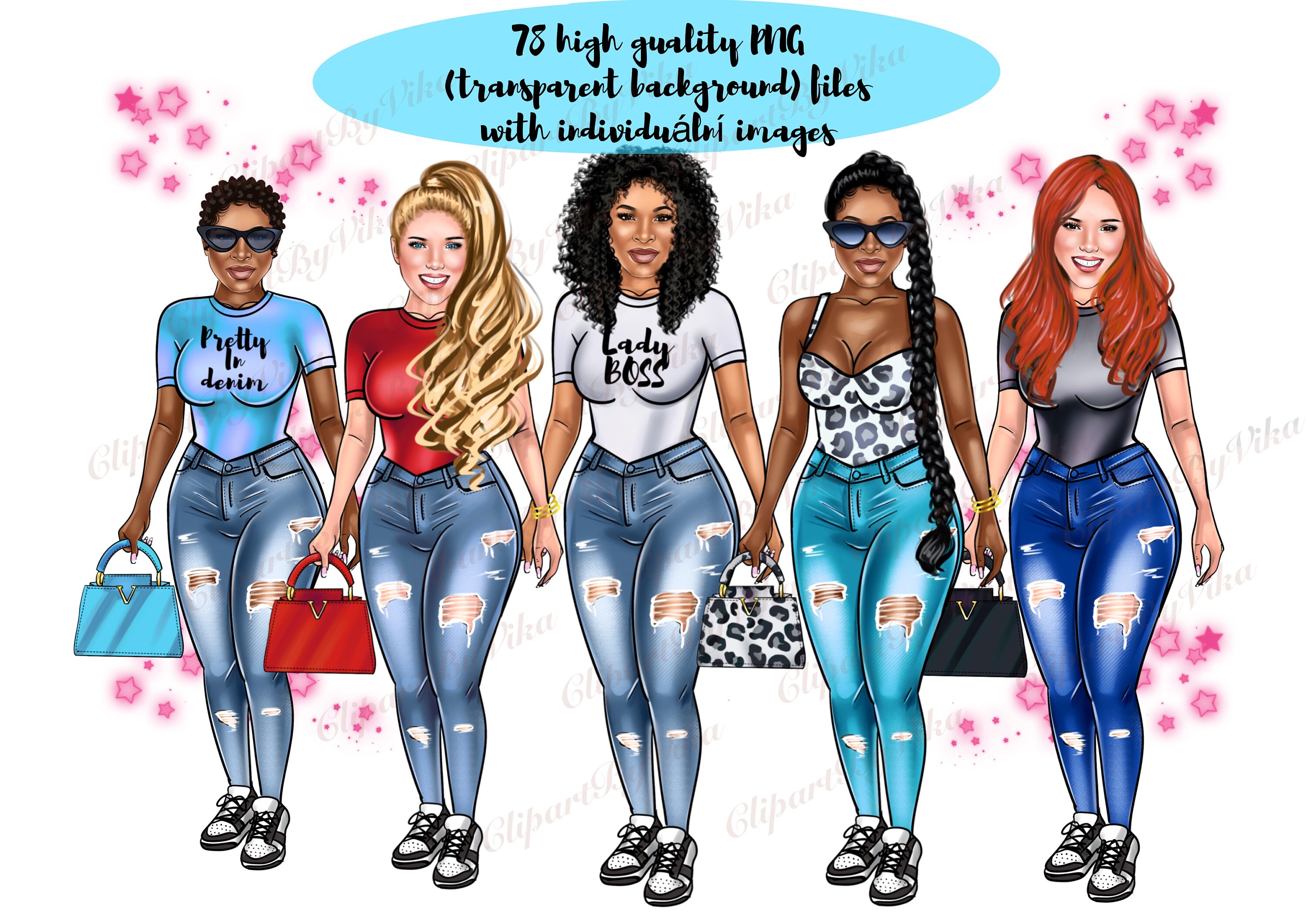 Denim Girl Clipart Black Woman Clipart Fashion Clipart Girl - Etsy